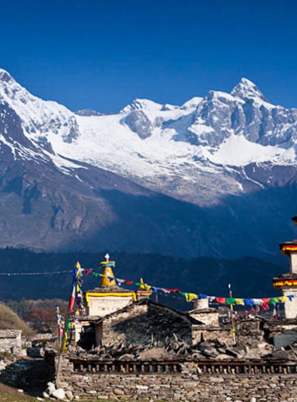 tsum valley trek photo with himalayan background