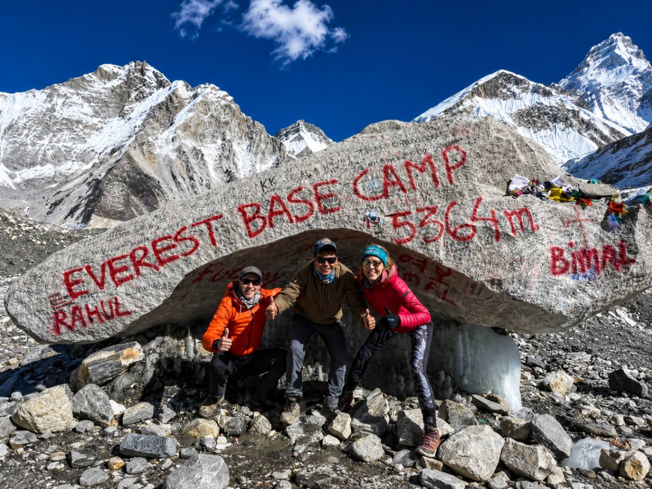 Trekkers at Everest Base Camp Sign in Nepal
