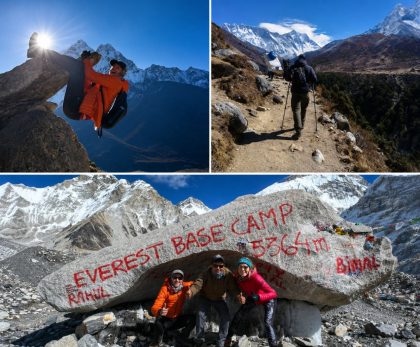 Collage featuring trekkers climbing rocks, hiking the Everest Base Camp trail, and posing at the Everest Base Camp marker surrounded by the Himalayan mountains in Nepal.