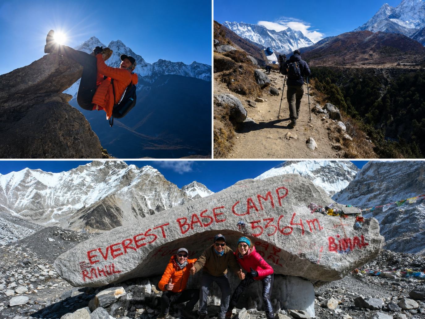 Collage featuring trekkers climbing rocks, hiking the Everest Base Camp trail, and posing at the Everest Base Camp marker surrounded by the Himalayan mountains in Nepal.