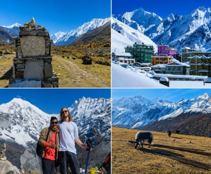Collage featuring the best highlights of the Langtang Valley Trek including Kyanjin Gompa, Himalayan mountains, yaks, trekkers, and traditional Mani walls.