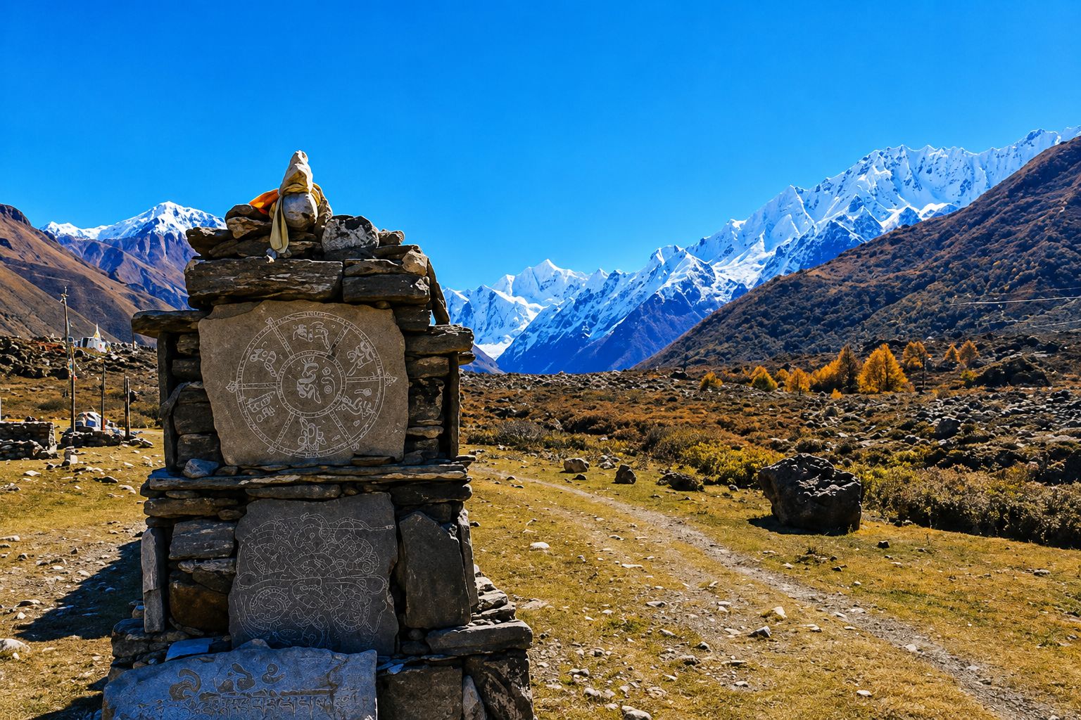 Traditional Mani wall along the Langtang Valley Trek trail with snow-capped Himalayan mountains in the background.