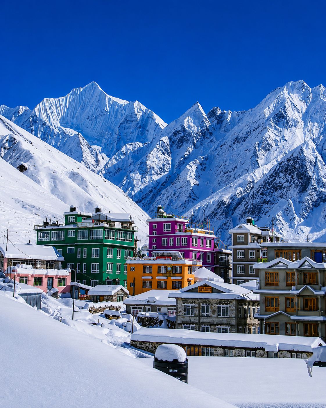 Snow-covered Kyanjin Gompa village during the Langtang Valley Trek with towering Himalayan peaks behind.