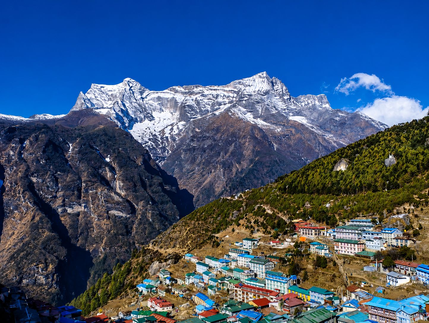 Lobuche village in the Everest region of Nepal with snow-capped Himalayan mountains under a clear blue sky.