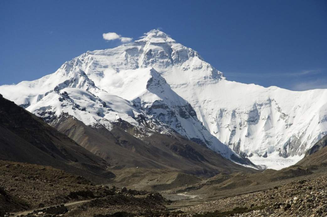 Panoramic view of Mount Everest covered in snow under a clear blue sky in Nepal