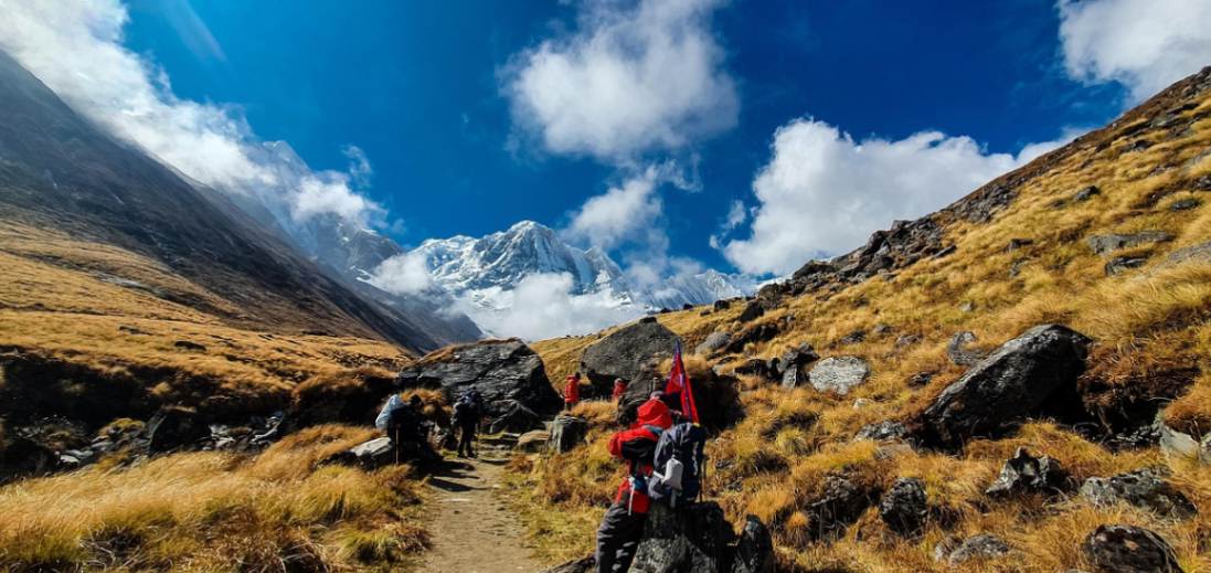 Annapurna Base Camp with panoramic views of the Annapurna mountain range in Nepal
