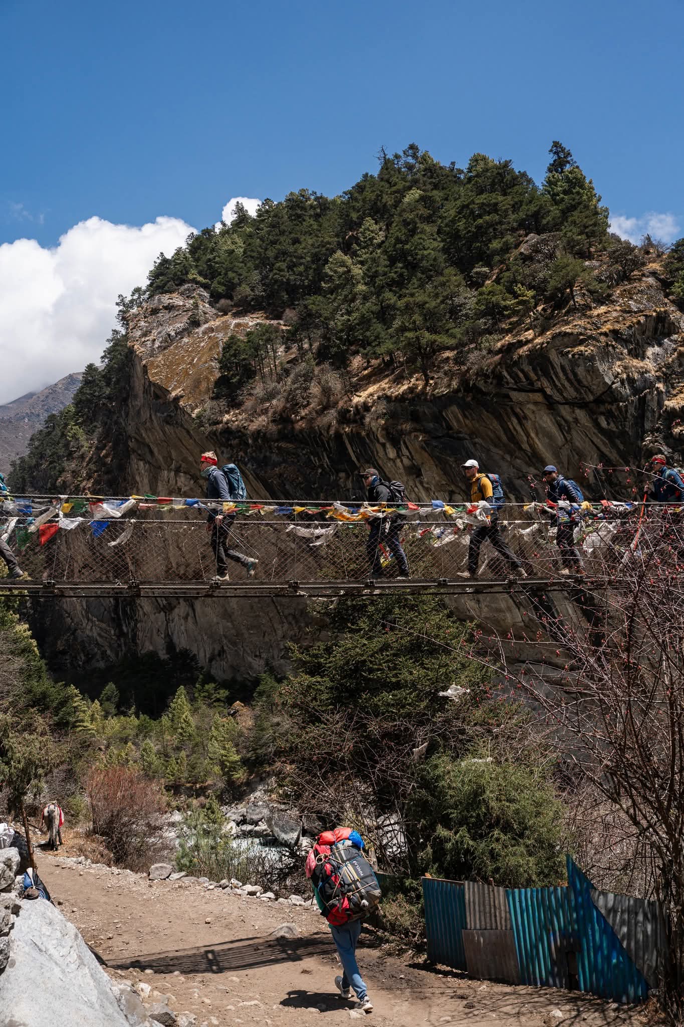 people crossing the suspenion along the everest base treks trail