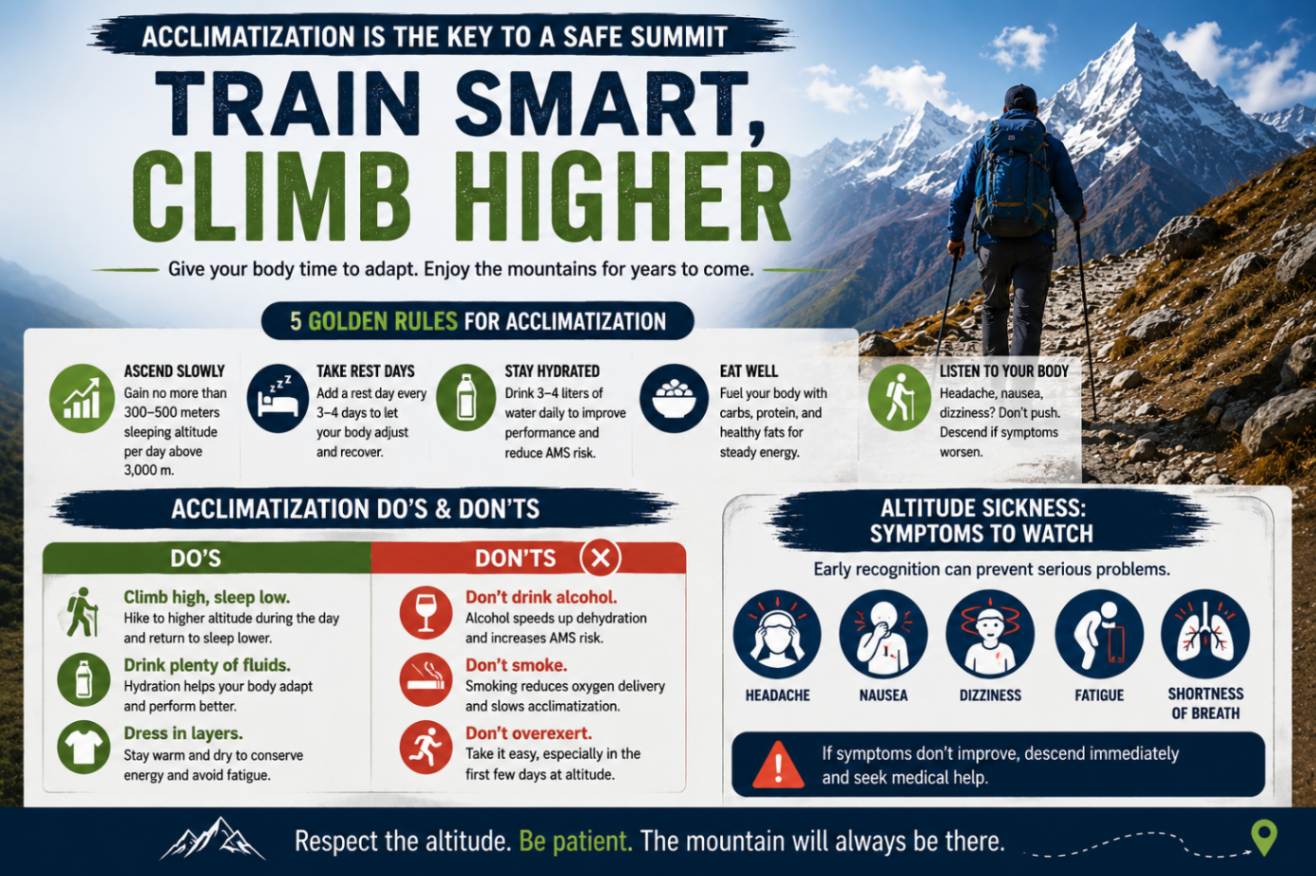 Acclimatization and altitude sickness prevention for high altitude hiking
