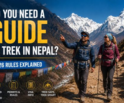 Licensed trekking guide accompanying a foreign trekker in the Nepal Himalayas