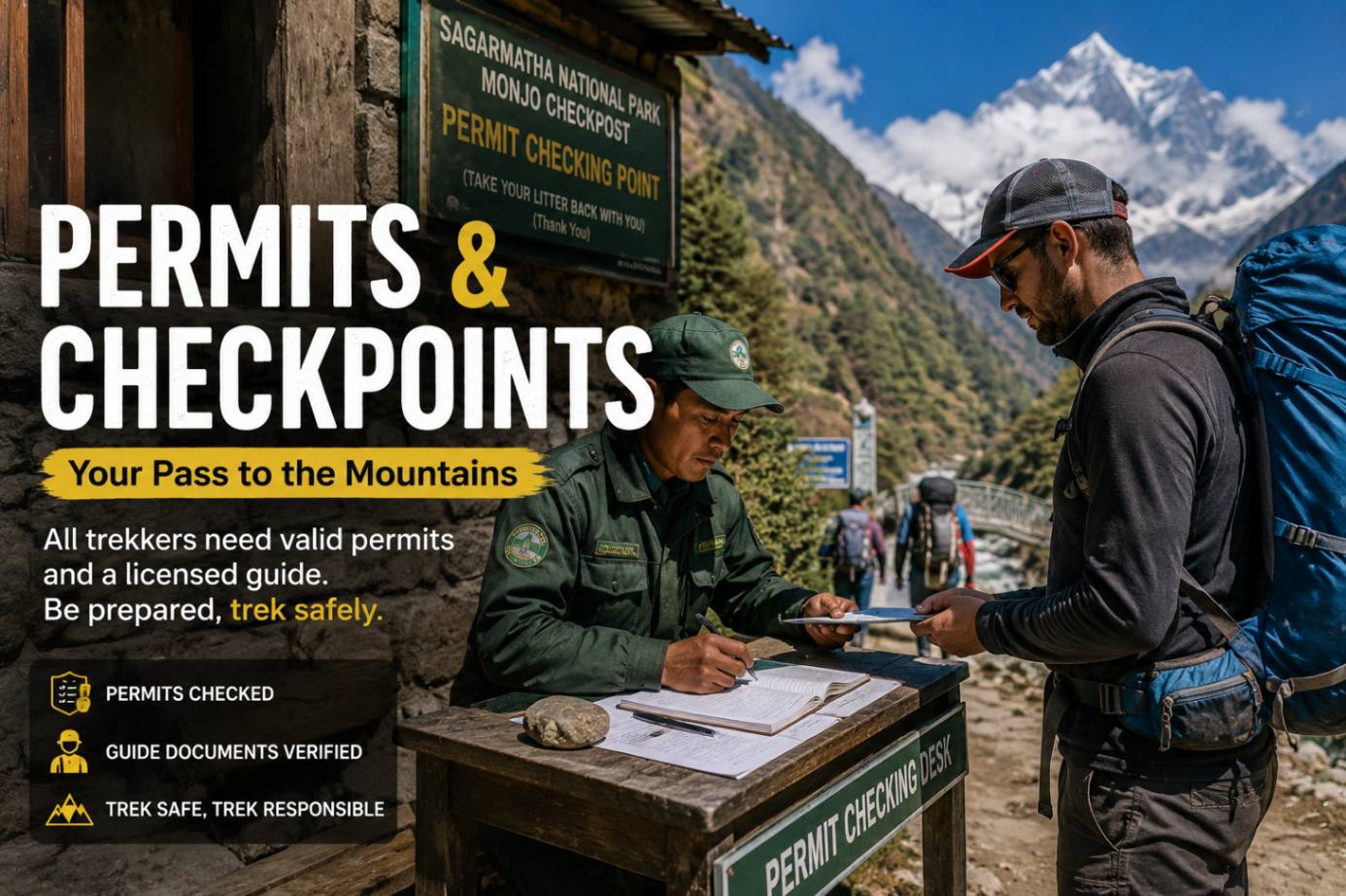 Trekker showing permits at a Nepal trekking checkpoint with a park official
