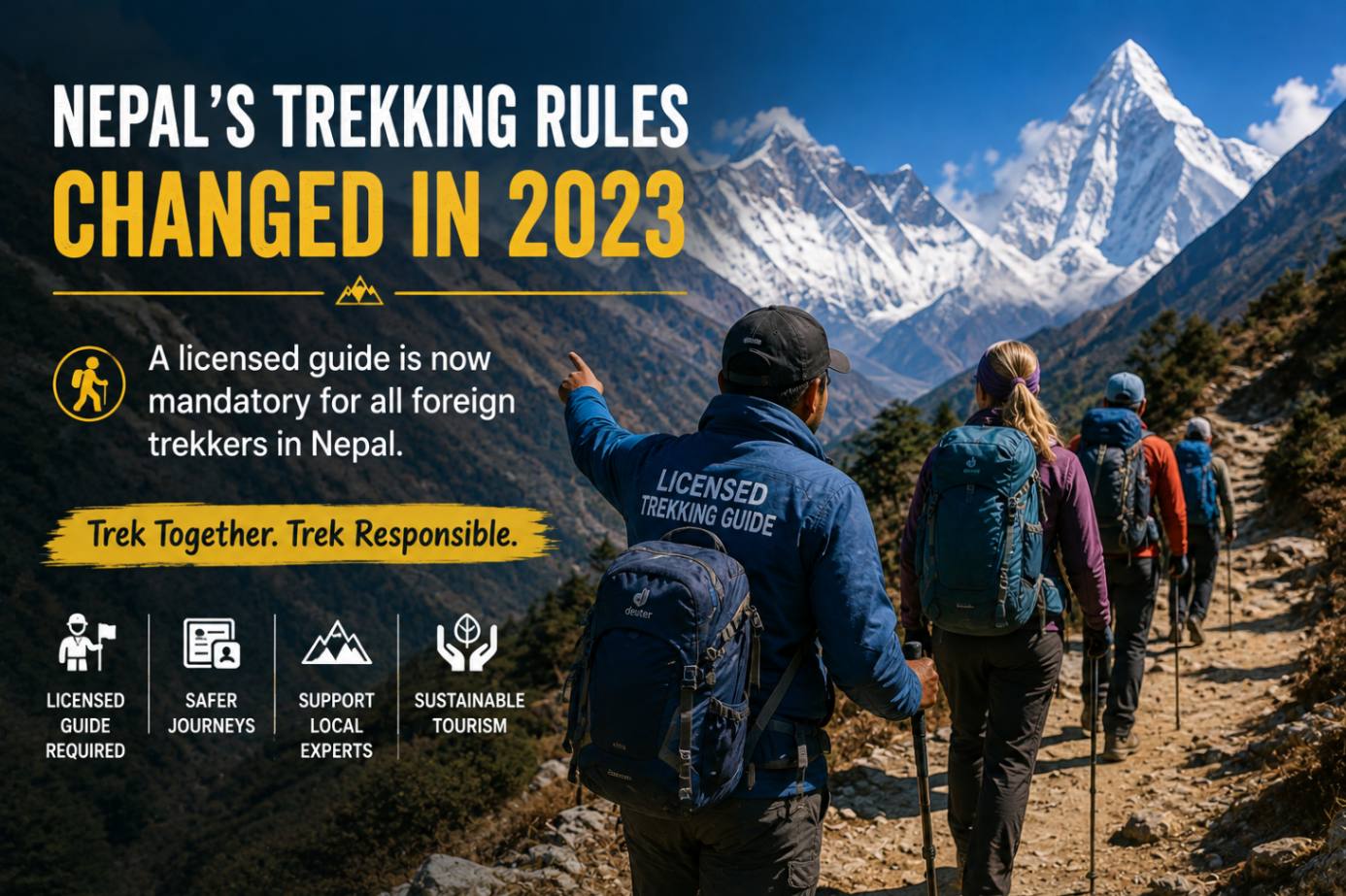 Licensed trekking guide leading foreign trekkers on a Himalayan trail in Nepal