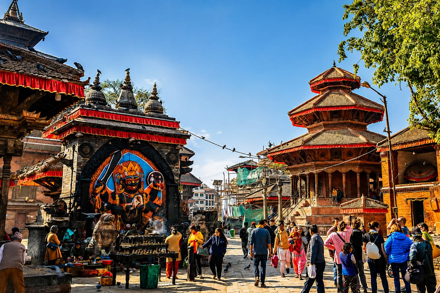 Cheap treks in Nepal under $1000 Kal Bhairab Temple and traditional pagoda temples at Kathmandu Durbar Square, Nepal.