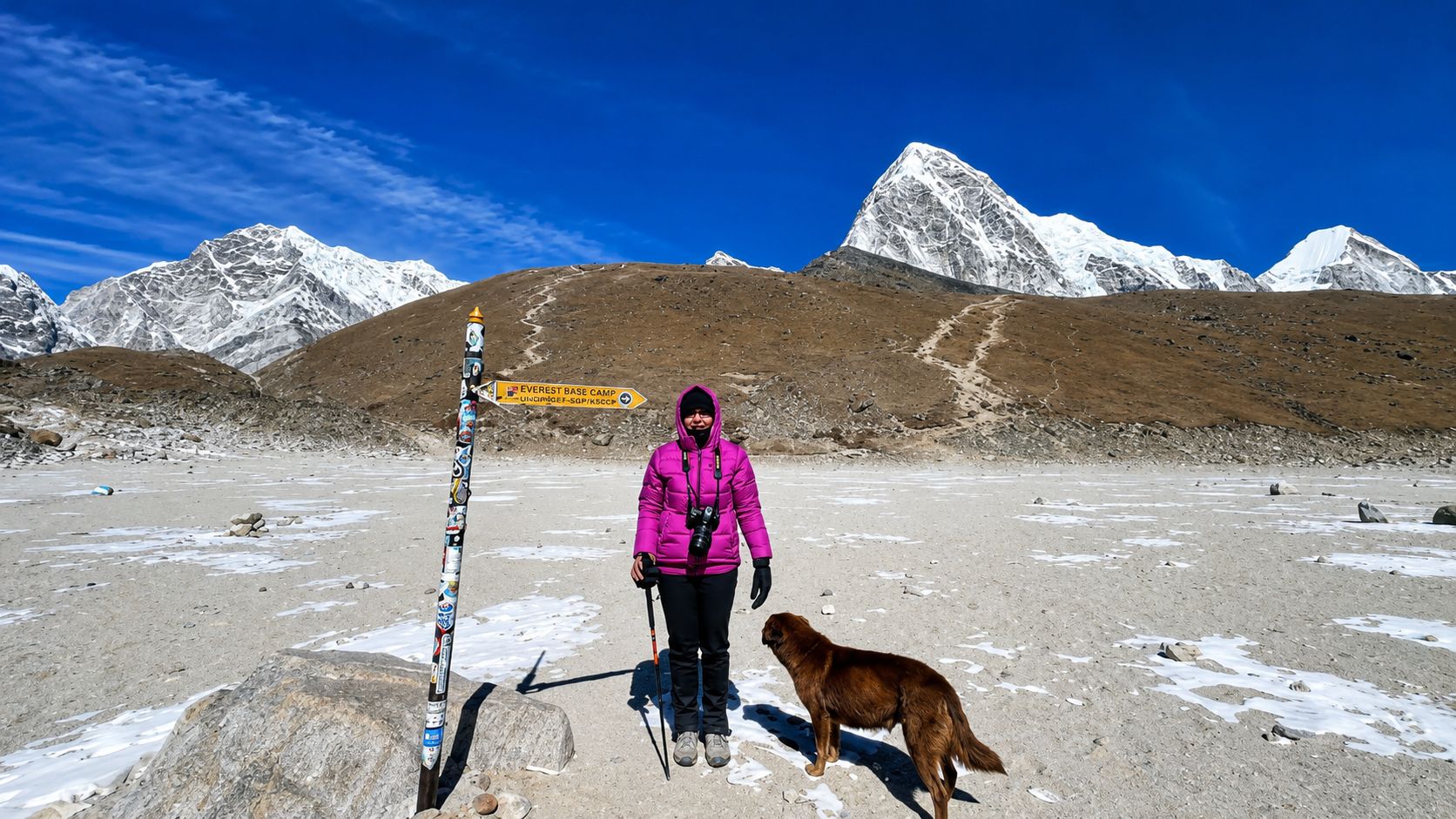 Hiker standing beside the Everest Base Camp sign with a dog and Himalayan mountains