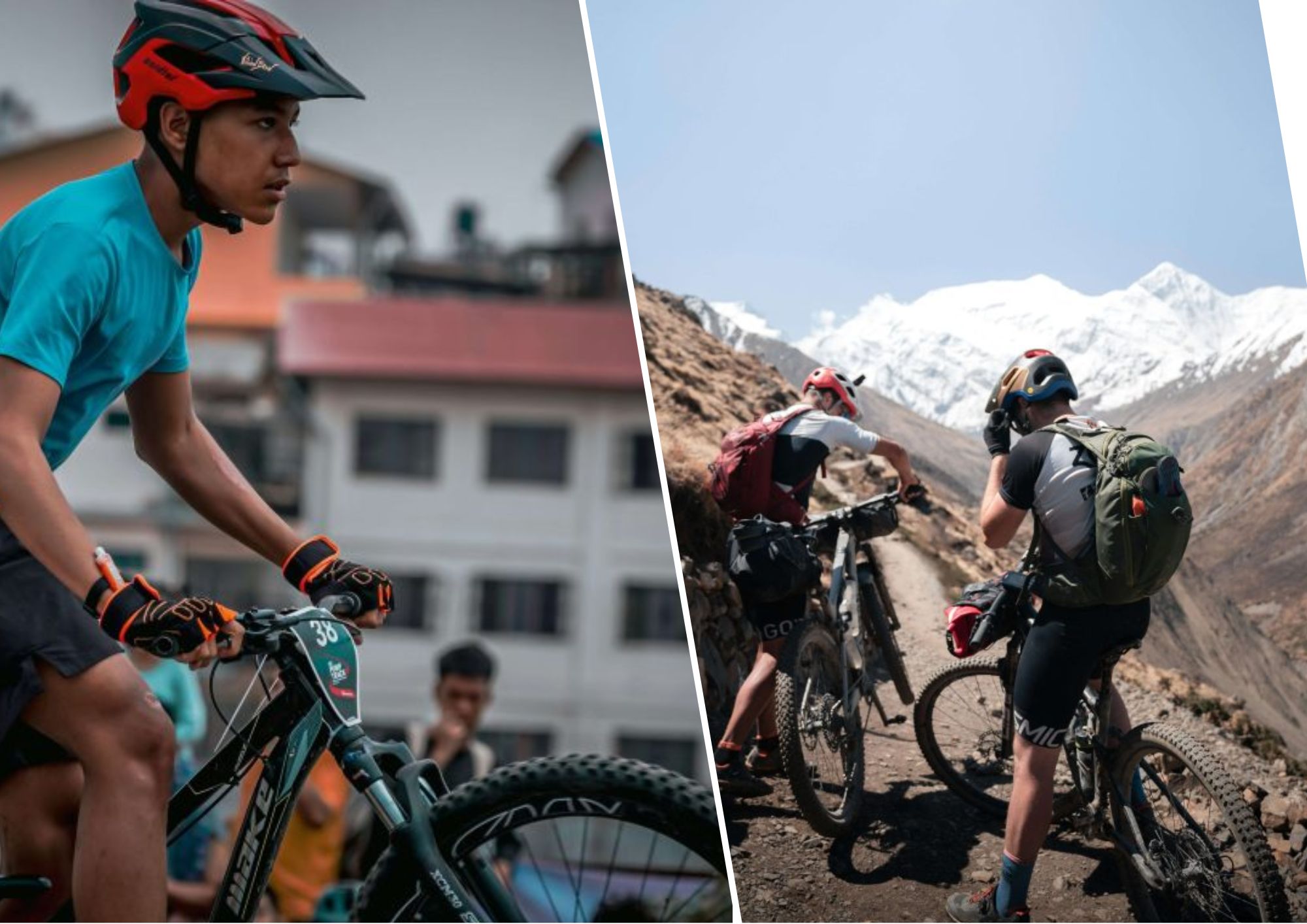 Mountain biker riding along a scenic trail surrounded by hills and natural landscapes in Nepal.